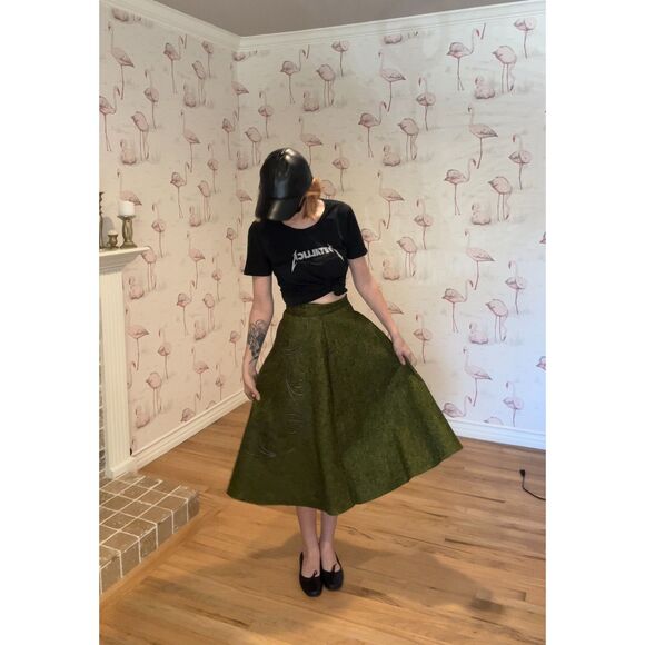 Vintage Handmade 1950s Style Forest Green Wool A-Line Skirt w/ Embroidery Detail - Picture 3 of 7